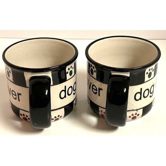 Checkered Dog Lover Ceramic Coffee Cocoa Tea Mugs Paw Print Design Set Of 2 - Picture 6 of 7